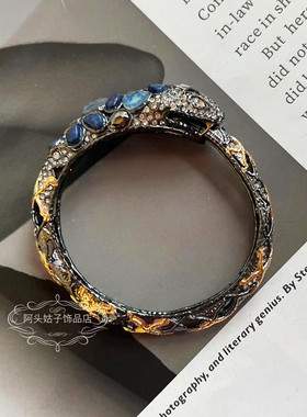 欧美宫廷风重工复古气质铜镀金大蛇宝石项链项圈手镯耳环套装女