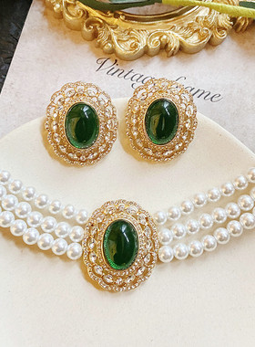 欧美vintage古董宫廷风复古气质绿宝石珍珠多层项链短款颈链女