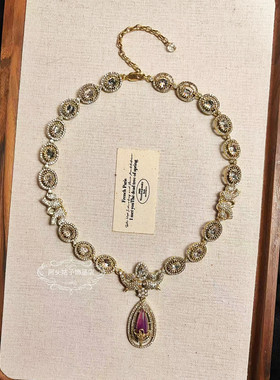 欧美宫廷风中古vintage复古气质做旧紫色水滴闪钻锦鲤项链耳环女