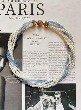 欧美宫廷风中古vintage复古气质蓝色珍珠多层缠绕项链滴油耳环女