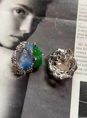 欧美宫廷中古vintage复古气质双层仿珍珠蓝色树脂闪钻项链耳环女