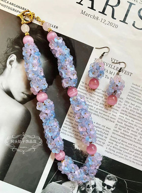 欧美宫廷风中古vintage复古气质渐变花朵琉璃串珠短款项链耳环女