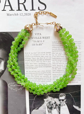 宫廷风中古vintage复古气质果绿色天然石缠绕多层项链金属耳环女