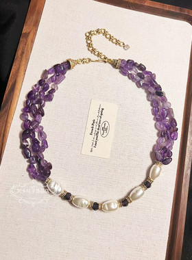 宫廷中古vintage复古铜镀金做旧多层紫晶天然石仿珍珠项链耳环女