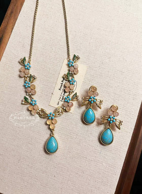 欧美宫廷中古vintage复古气质做旧水滴蓝松石花朵短款项链耳环女