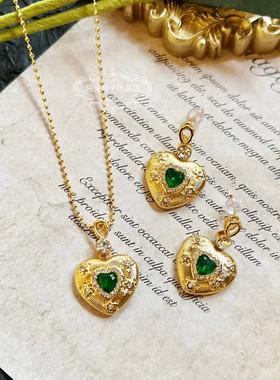 复古绿色爱心锆石耳环项链戒指