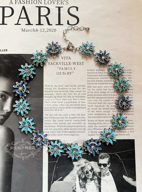 欧美宫廷风中古vintage复古气质蓝色冰雪花朵闪钻项链耳环套装女