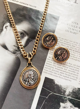 欧美风中古vintage复古气质圆形罗马古币女神金属短款项链耳环女