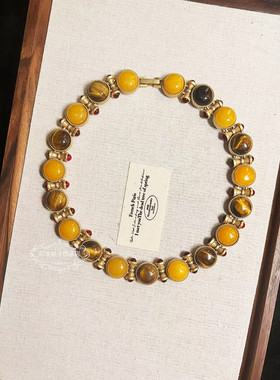 欧美宫廷中古vintage复古气质做旧黄色虎眼石短款项链手链耳环女