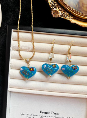 欧美宫廷风复古气质可爱甜美花朵蛋糕琉璃爱心吊坠耳环短款项链女