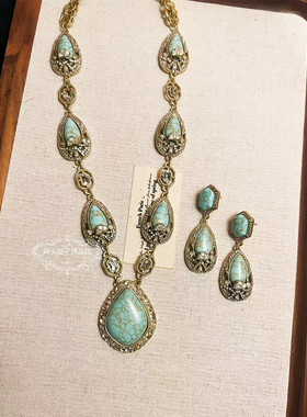 欧美宫廷中古vintage复古气质做旧蓝松石闪钻水滴金属项链耳环女