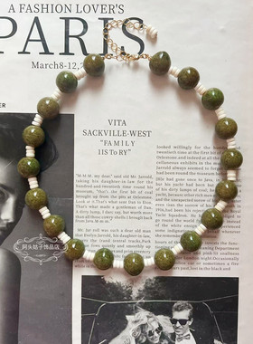 欧美宫廷风中古vintage复古气质绿色陶瓷串珠做旧蝴蝶项链耳环女