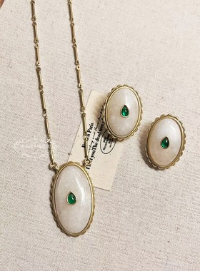 欧美宫廷中古vintage复古气质椭圆白色天然石做旧短款项链耳环女