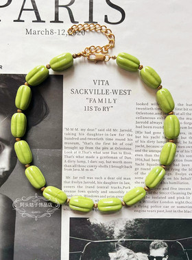 欧美宫廷中古vintage复古气质浅绿色琉璃串珠短款项链珍珠耳环女