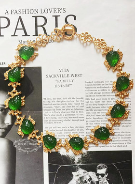 欧美宫廷风中古vintage复古气质绿色树脂熔岩金属短款项链耳环女