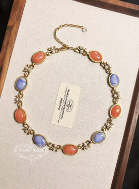 欧美宫廷中古vintage复古铜镀金做旧粉蓝天然石蝴蝶结项链耳环女