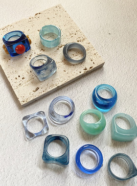 欧美风ins透明蓝色树脂戒指包邮