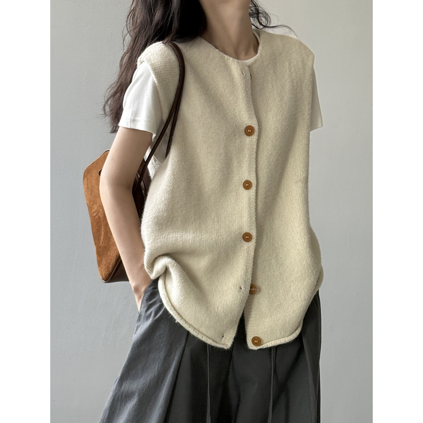 宽松慵懒风针织减龄马甲外套女2025秋季新款叠穿毛衣开衫背心马夹 - 图1