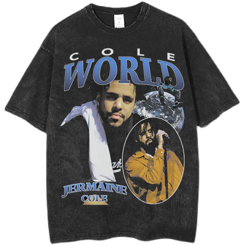 J.Cole Vintage Rap Tee 洗水灰做旧磨边复古嘻哈宽松小圆领短袖t - 图3