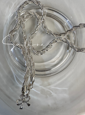 韩国进口925纯银时尚重工麻花不规则链条蝴蝶结吊坠项链锁骨链