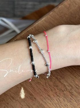 韩国进口小众设计S925纯银五角星圆珠银珠简约百搭拼接手链手环