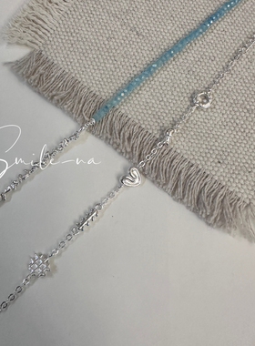 韩国进口925纯银天然海蓝宝晶石碎银牛角包甜甜圈华夫饼手链手环