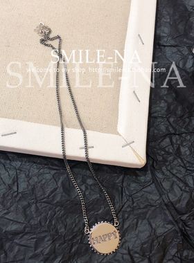 韩国进口纯银复古做旧圆牌项链