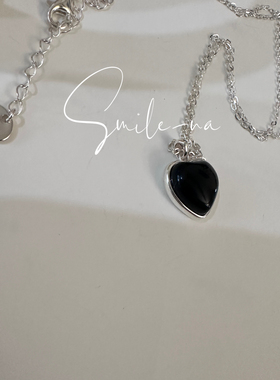 韩国进口S925纯银天然镶嵌黑玛瑙桃心爱心立体造型吊坠项链锁骨链