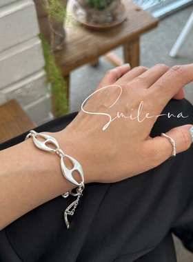 韩国进口小众S925纯银时尚百搭猪鼻子造型镂空拼接重工手链手环