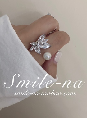 清仓特卖小众设计师款925纯银镶钻锆石晶钻水滴珍珠开口戒指 女