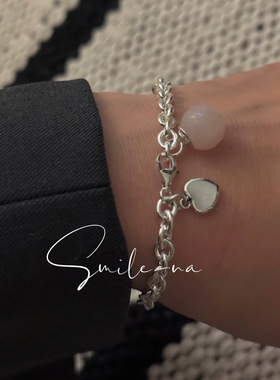 韩国进口小众款S925纯银爱心粉色天然水晶吊坠女手链 百搭手环