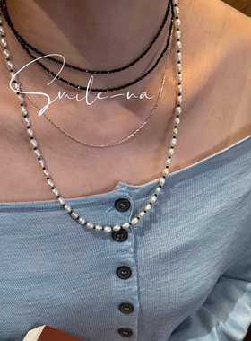 韩国进口S925纯银天然淡水珍珠黑晶石拼接时尚长款双层项链毛衣链