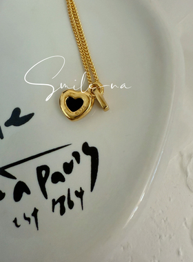 韩国进口小众S925纯银镀18K金爱心镶嵌黑锆石吊坠精致项链锁骨链