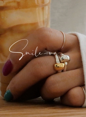 韩国进口小众设计款S925纯银方形拼色时尚百搭叠戴简约戒指指环