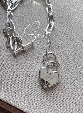韩国进口925纯银ot扣爱心吊坠别针拼接重工链条时尚项链锁骨链