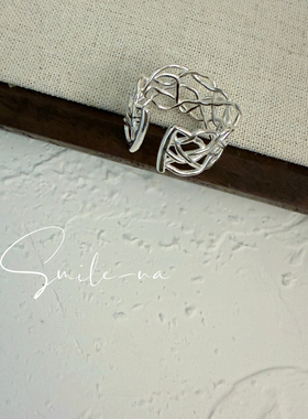 韩国进口小众S925纯银编织不规则镂空开口戒指指环 时尚百搭戒指