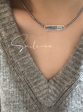 韩国进口925纯银拼接坦克链条重工英文吊牌复古做旧项链锁骨链