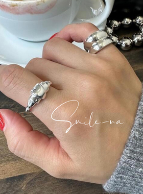 韩国进口小众925纯银可爱立体牛角包造型戒指羊角螺纹开口指环