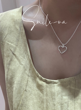 韩国进口S925纯银手工凹凸面刻字镂空爱心 心型吊坠项链锁骨链