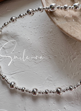 韩国进口S925纯银圆珠大小银珠拼接时尚百搭锁骨链项链