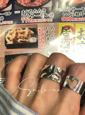 韩国进口小众设计款925纯银爱心镂空宽面时尚开口戒指百搭指环