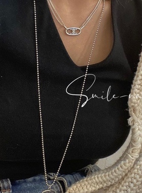 韩国进口韩国925纯银镂空椭圆形凯旋复古做旧吊坠双层链条项链