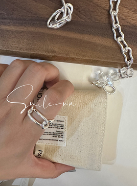 韩国进口小众设计师款925纯银镂空链条方型软戒指食指戒指指环