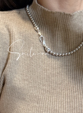 韩国进口925纯银施家真多麻灰色贝珠珍珠项链时尚简约搭扣锁骨链