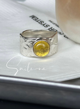 韩国进口小众设计师925纯银天然黄石不规则锡纸造型面宽戒指指环