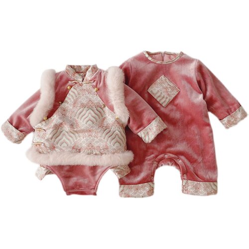 婴儿加绒年服周岁儿童冬装女宝宝冬款加厚拜年服秋冬唐装旗袍马甲 - 图3