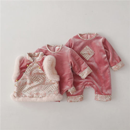 婴儿加绒年服周岁儿童冬装女宝宝冬款加厚拜年服秋冬唐装旗袍马甲 - 图1