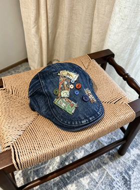 美式复古水洗牛仔前进帽女春夏款贴布纽扣复古做旧显脸小画家帽子