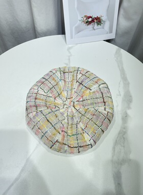韩版时尚拼色格纹贝雷帽子女春夏薄款复古休闲画家南瓜帽蓓蕾帽潮