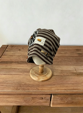 小众设计师款条纹纽扣贴布堆堆帽女春秋时尚休闲大头围包头帽冷帽